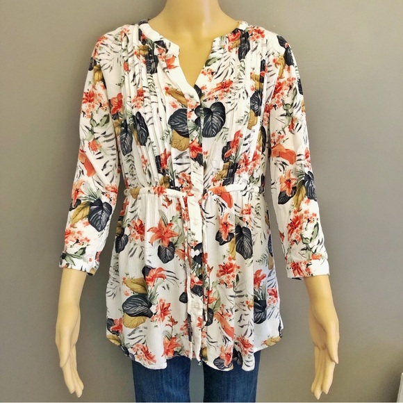 Hilary Radley Floral Tropical Pattern Boho Festival Button Down Shirt Blouse. - Picture 1 of 16